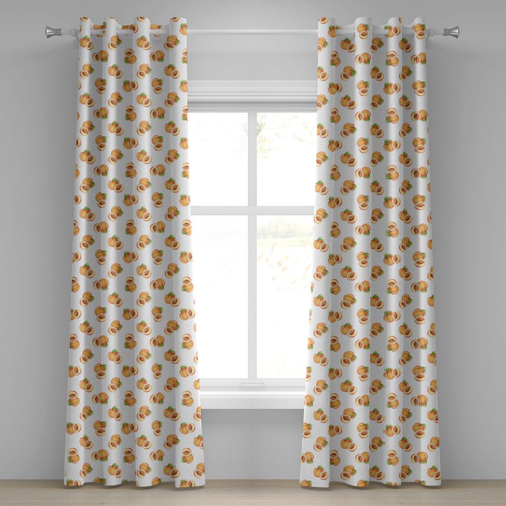 ABAKUHAUS Pfirsich Ösenvorhang, Vegetative Wachstum Botanik Muster Orange Steinfrüchte frisch von den Bäumen abgeholt, Dekorative 2-Panel-Fenste...