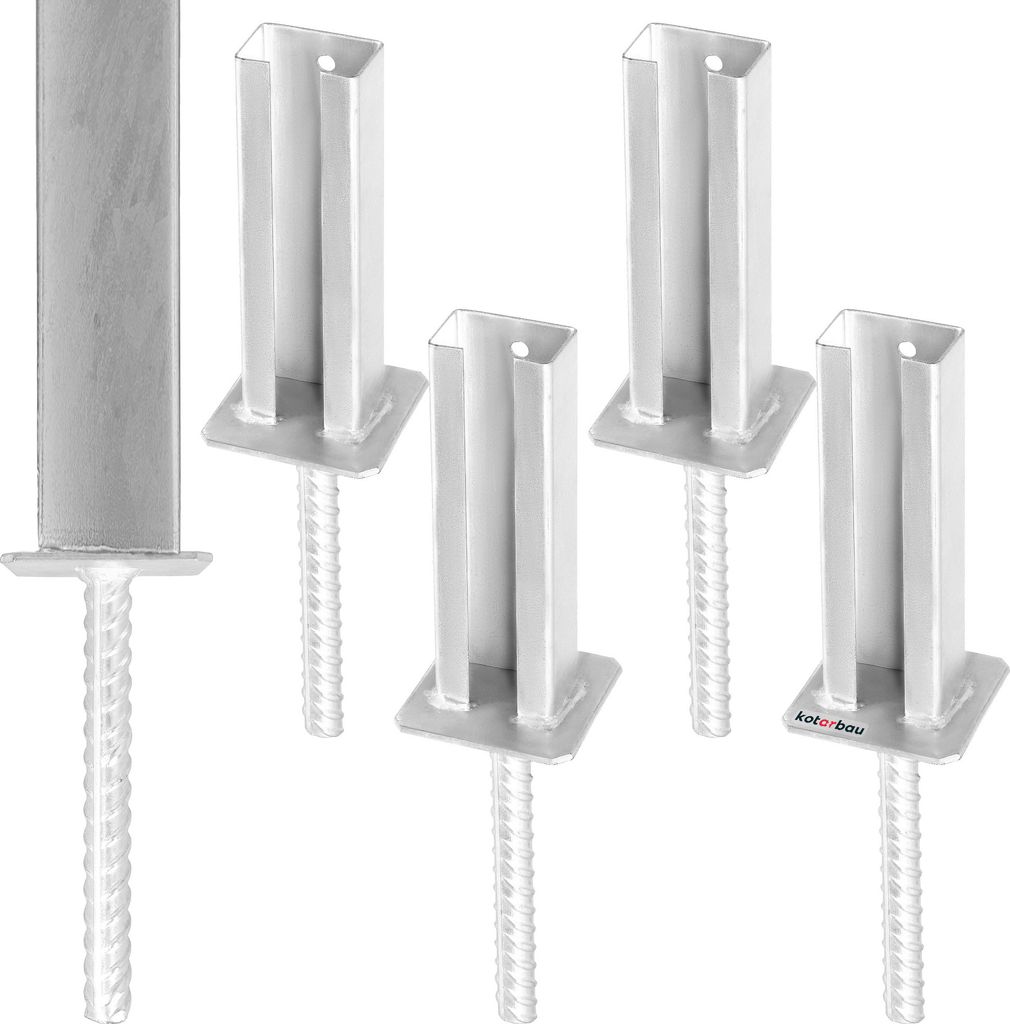 A set of five metal fence post bases with rebar anchors, arranged on a white background.