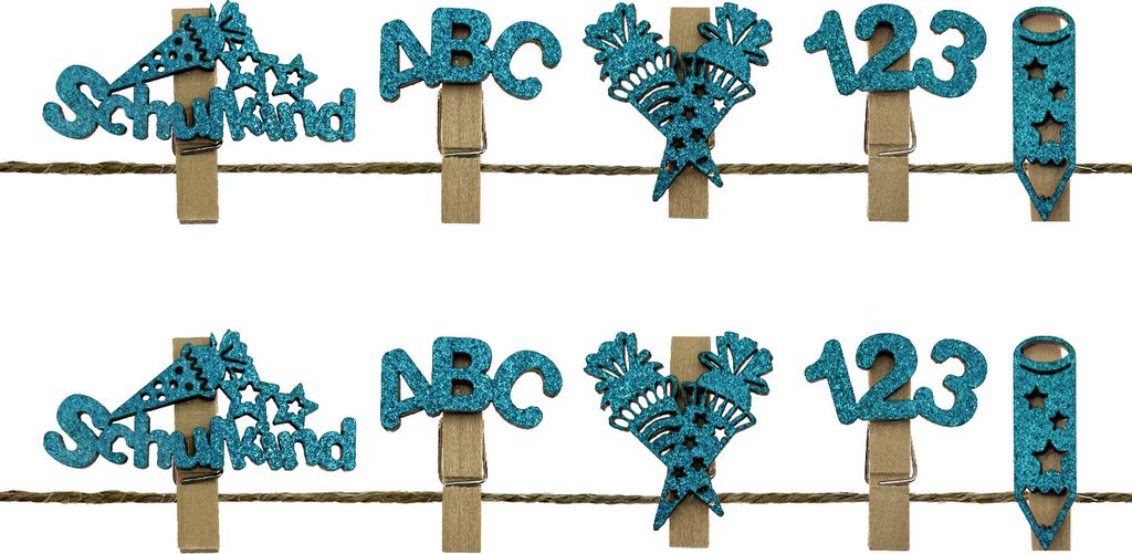 Oblique Unique 10 Mini Wäscheklammern Holz Miniklammern Glitzernd mit Schulkind 123 ABC Motiv für Schuleinführung Einschulung - türkis