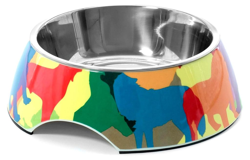 Hundenapf Doggies – Edelstahl und Melamin – mit rutschfesten Noppen – Durchmesser 22 cm – Volumen 700 ml – Design mit bunten Hundefiguren