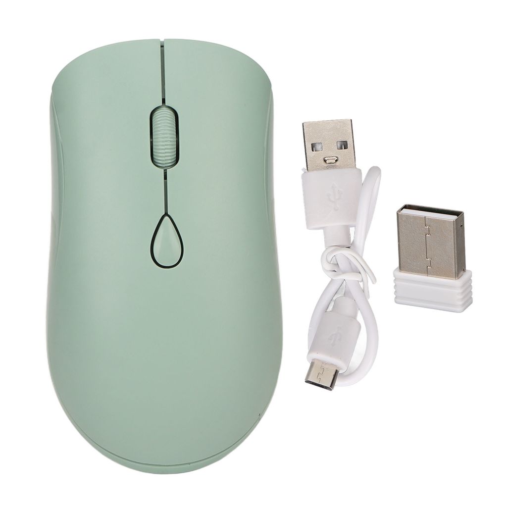 A mint green wireless mouse with its USB receiver and charging cable, presented on a white background.