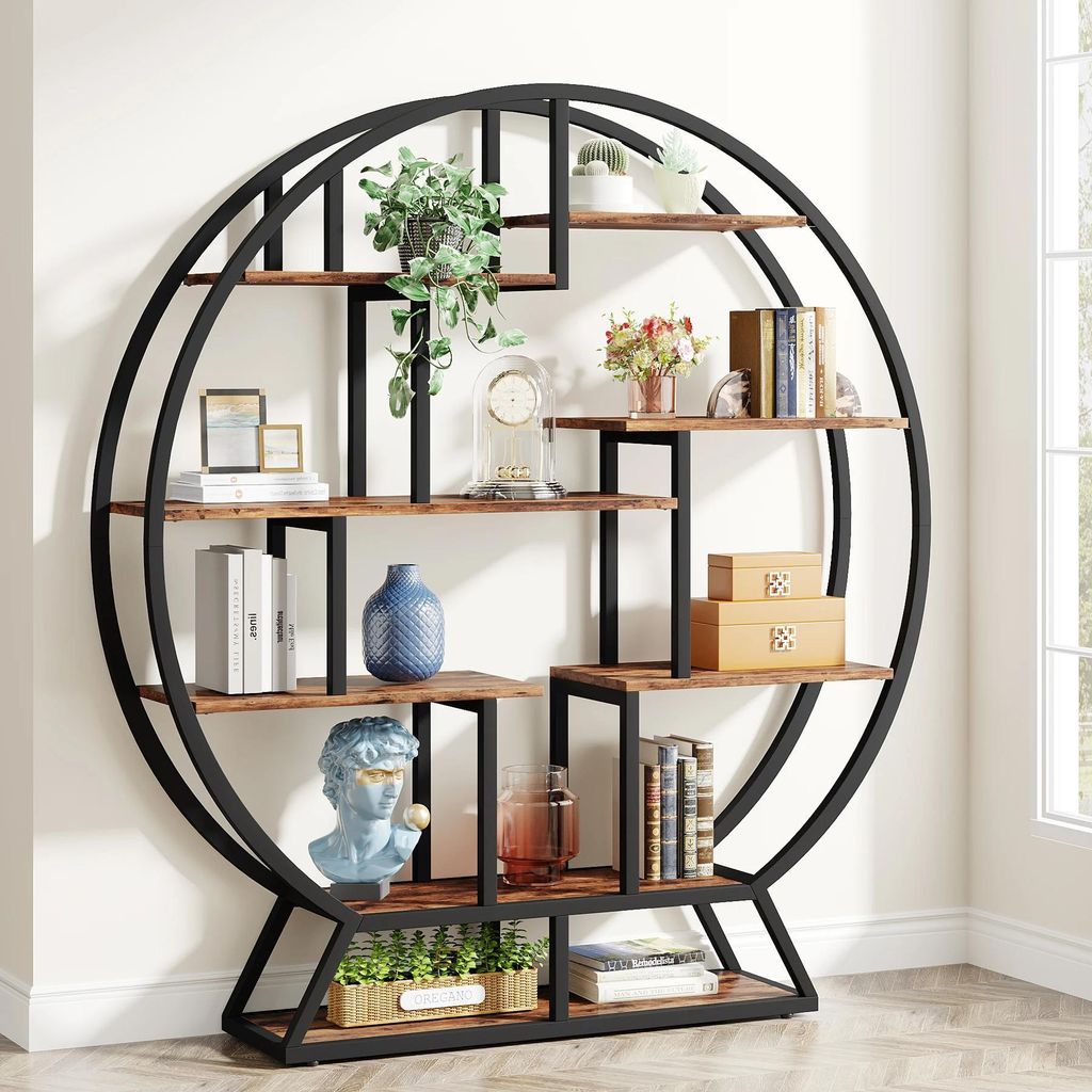 Rundes Bücherregal - Etagere Standregal - Höhe 160 cm - Industrielles Design - Eisenrahmen - Versetzte Regalböden - Mindestens 5 Ebenen - Braun