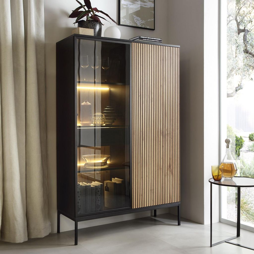 Moderne Geriffelte Hochvitrine LAGOS W2D1SZ Schwarz Eiche Produktbild 