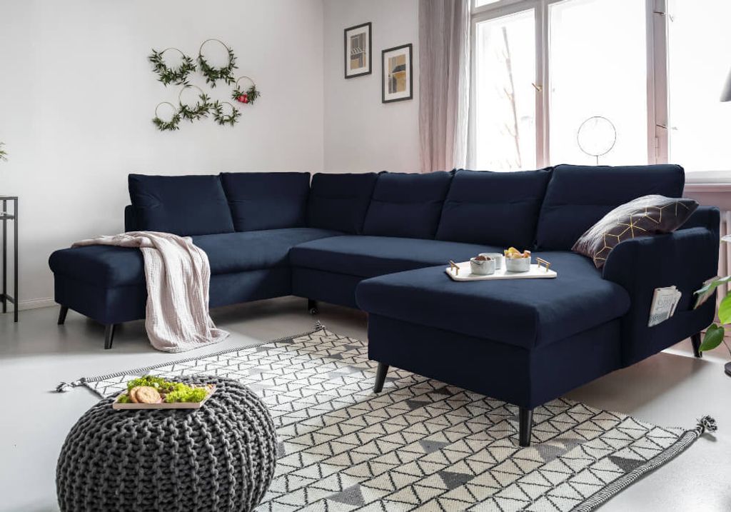 MIUFORM Stylish Stan - Ecksofa mit Bettfunktion und Bettkasten U-FORM LINKS - 300x198cm - Velours Marineblau - Sofa Schlafsofa Couch