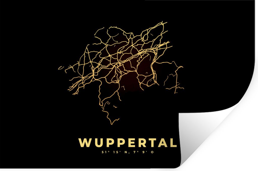 MuchoWow Wandtattoo Wandsticker Wandaufkleber Stadtplan - Karte - Gold - Wuppertal - Karte 90x60 cm Selbstklebend und Repositionierbar - Aufkleber