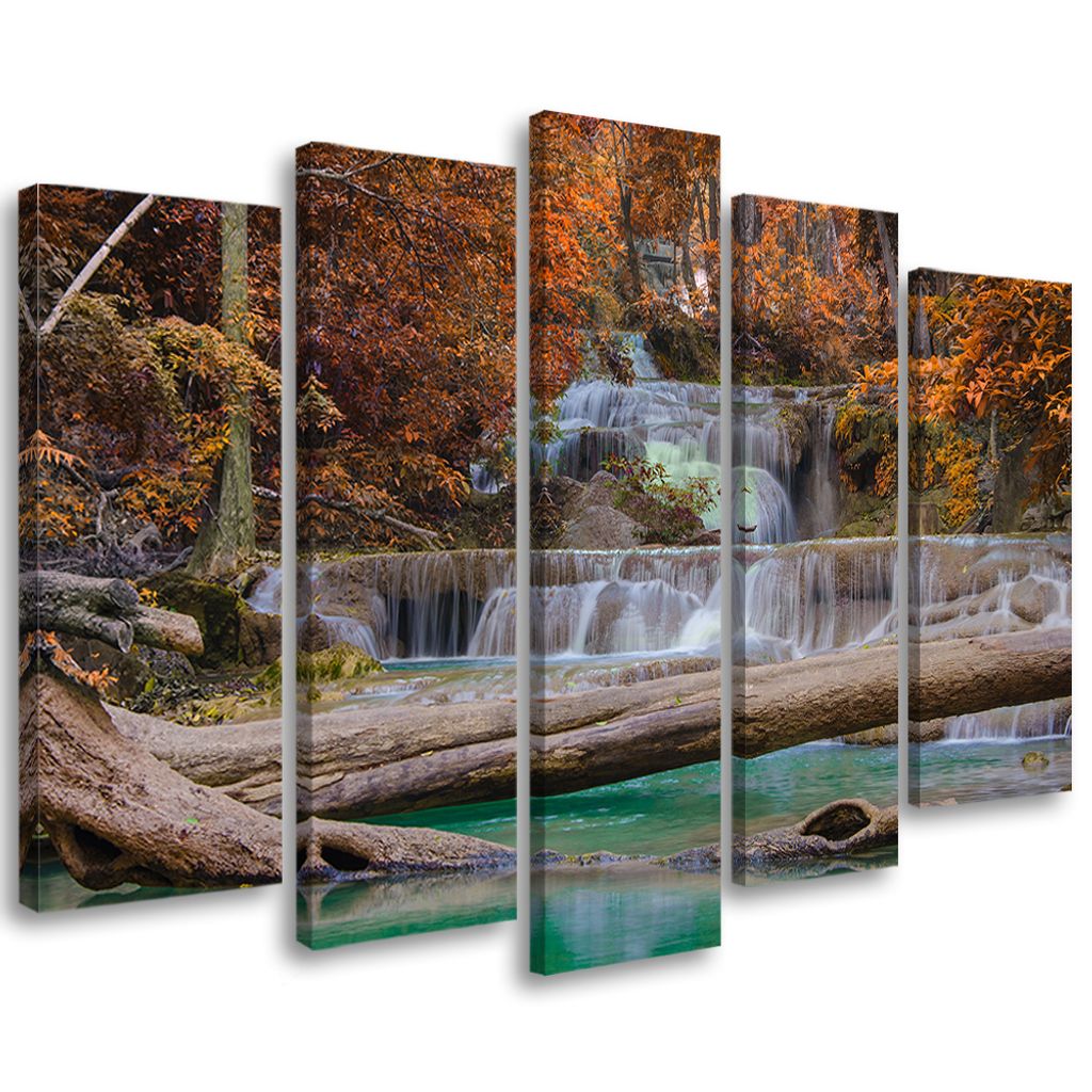 5-teiliges leinwandbild wasserfall herbst wald 100x70 cm Feeby orange wandbild bereit zum aufhängen