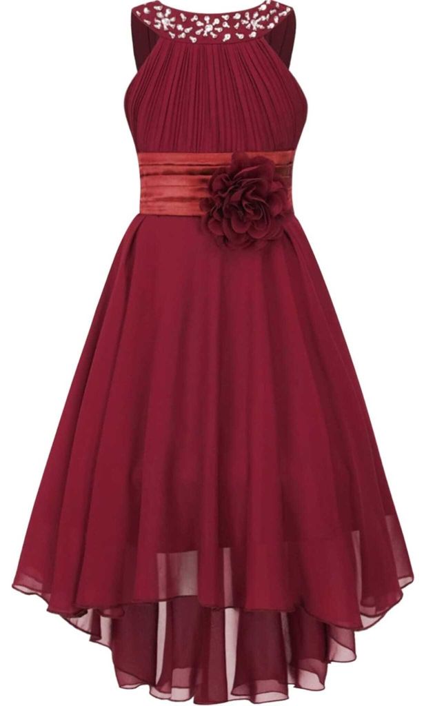 Mädchen Partykleid Gr. 140 cm – Festliches Chiffon Kleid mit Strasssteine, Schleife & Plissee – Perfekt für Hochzeit, Taufe & besondere Anlässe