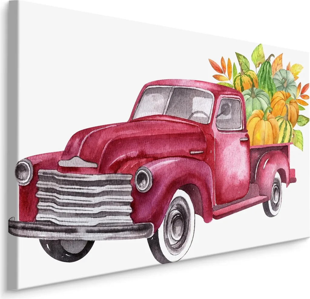 Quadro Vintage Autunno XXL 120x80 - Tela Artistica Zucca e Auto d'Epoca - 1