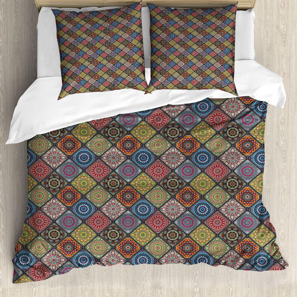 ABAKUHAUS Mandala Bettbezug, Kreise in Rectangles, Milbensicher Allergiker geeignet mit Kissenbezügen, 155 cm x 220 cm - 80 x 80 cm, Mehrfarbig