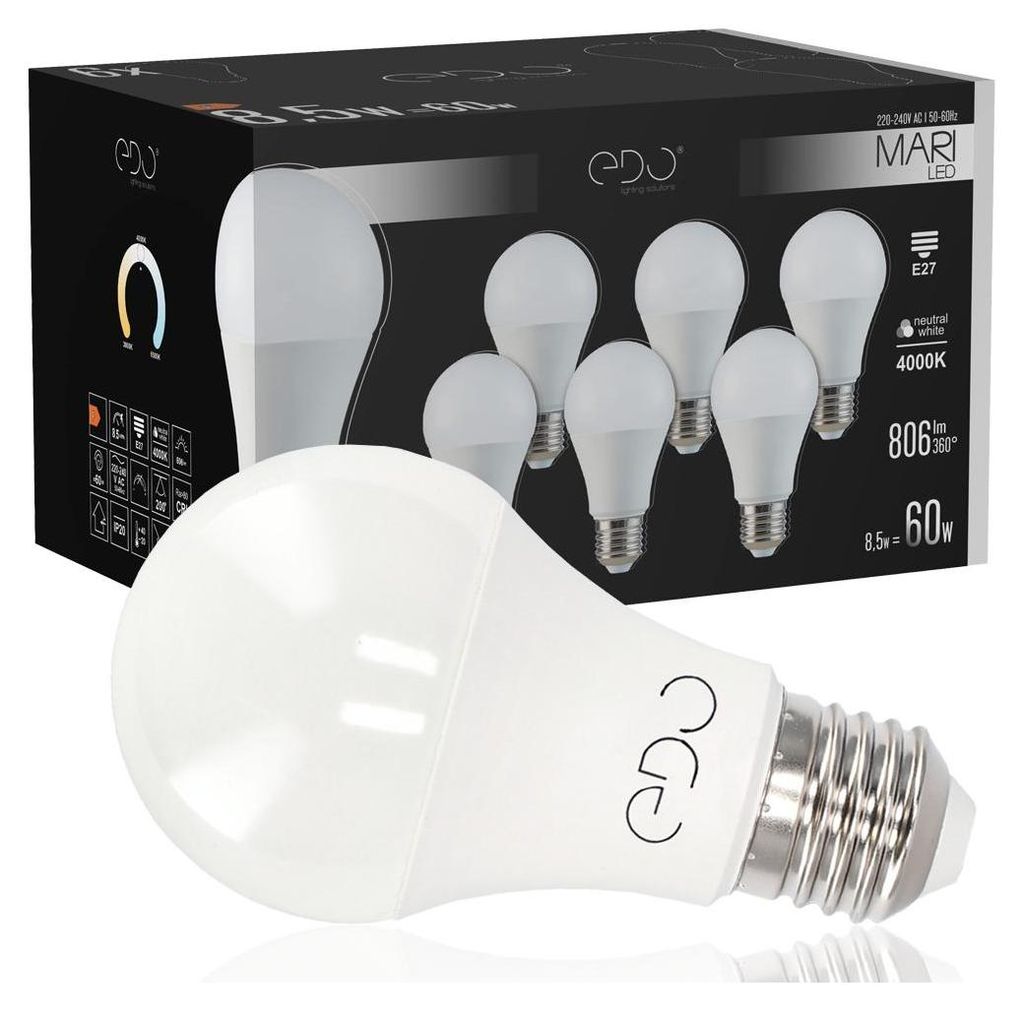A product box for LED light bulbs with a single light bulb in the foreground.
