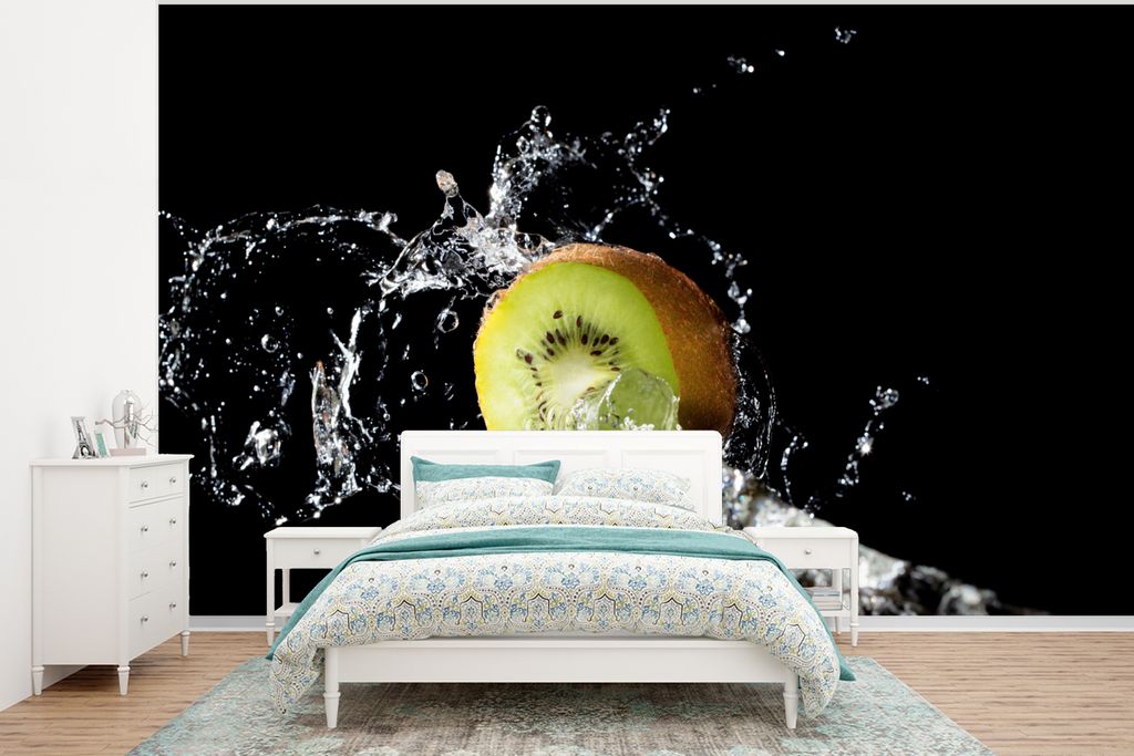 MuchoWow Fototapete für Wohnzimmer oder Schlafzimmer Wandtapete Vinyl Motivtapete Kiwi - Obst - Stillleben - Wasser - Schwarz - 350x260 cm - Woh...