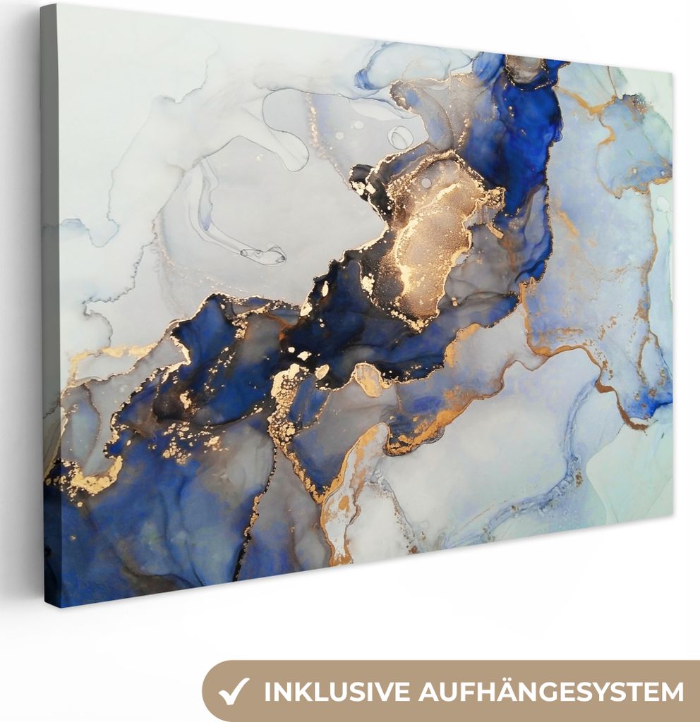 MuchoWow - Leinwandbilder - Marmor - Blau - Gold, Wandbild, Wanddeko Bilder Wohnzimmer, 120x80 cm