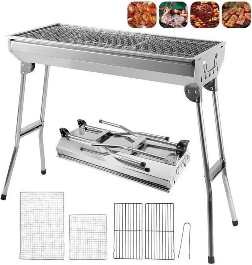 Gril Inox Pliable pour Brochettes avec Tablette et Grille de Cuisson