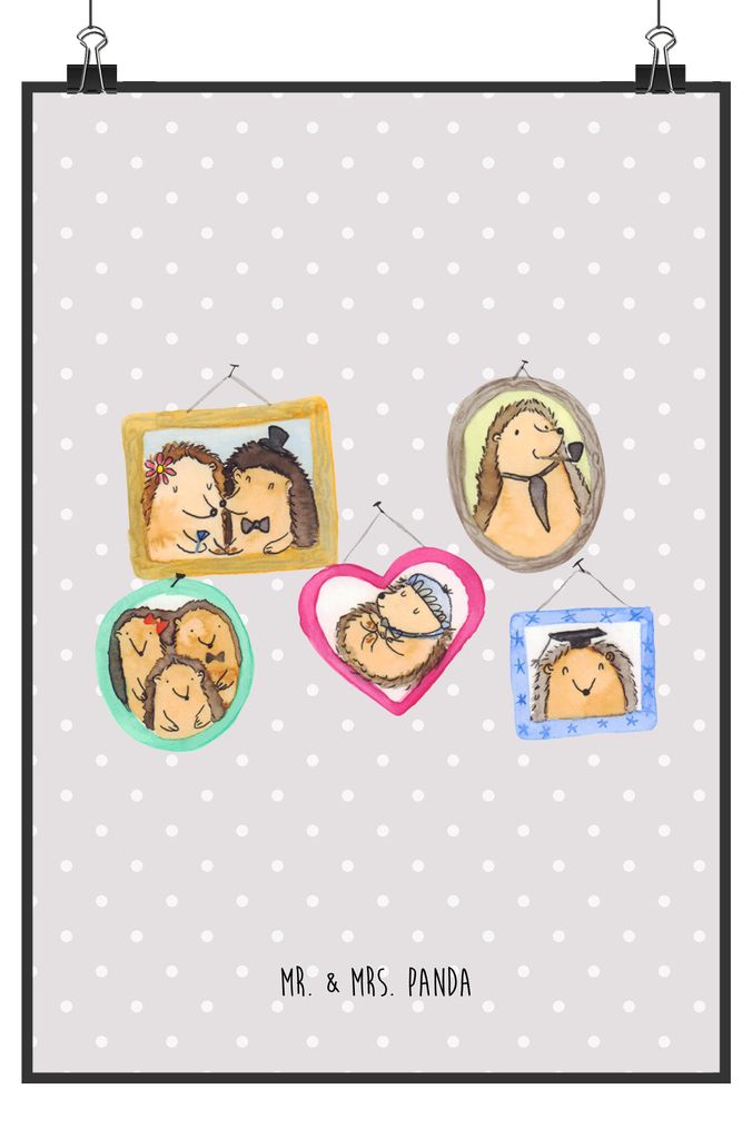 Mr. & Mrs. Panda Bild Igel Familie DIN A3 - Grau Pastell - Geschenk, Muttertag, Bilder, Mama, wanddeko, drucke, Wandbild, Liebe, Plakat, kunstdruck...