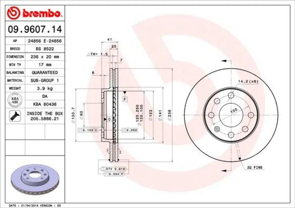 Disque de frein avant Brembo pour Opel Tigra, Vectra et Combo Van 236mm