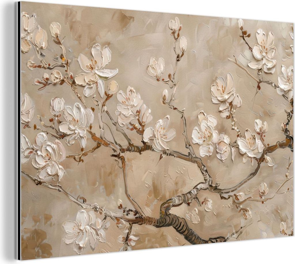 MuchoWow Wanddekoration Metall Metallbild Wandkunst 60x40 cm Blumen - Modern - Beige - Weiß - Blüte MuchoWow Aluminium Gemälde - Gemälder