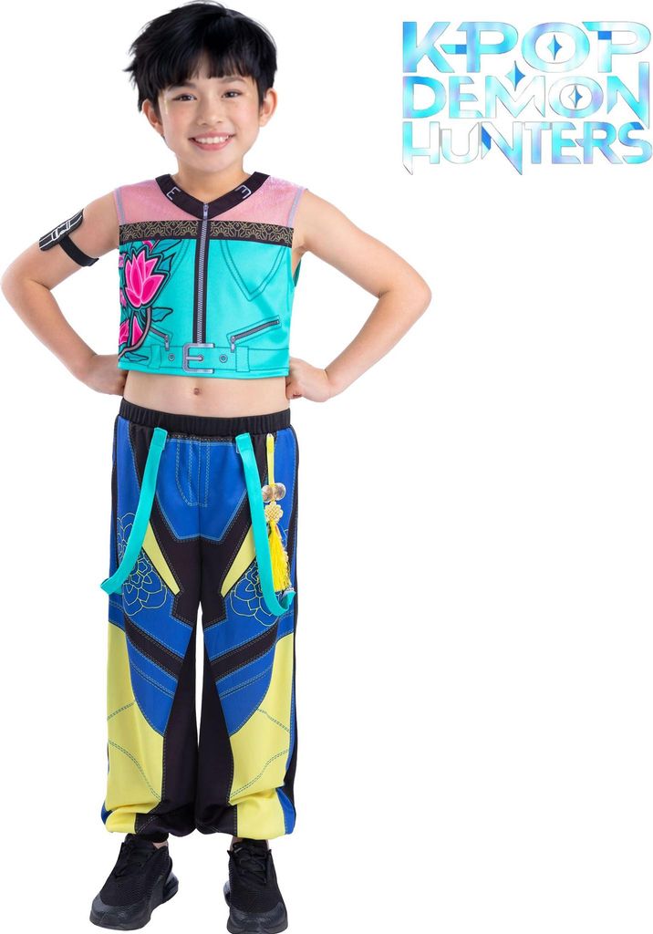 Kind trägt ein KPop Demon Hunters Kinderkostüm mit türkisfarbenem Crop-Top, bedruckter Hose in Blau-Gelb und schwarzen Sneakers. Das Kind steht frontal mit Händen in die Hüften gestützt vor weißem Hintergrund mit Serienlogo.