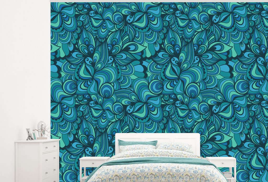 MuchoWow Fototapete für Wohnzimmer oder Schlafzimmer Wandtapete Vinyl Motivtapete Design - Vintage - Blau - Türkis - 375x300 cm - Tapezierpapier