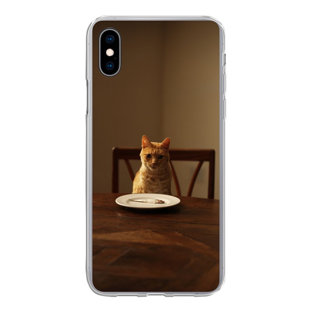 MuchoWow Handyhülle Schutzhülle Hülle für iPhone Xs Katze - Esstisch - Teller Silikon Softcase Handy Hülle - Handytasche