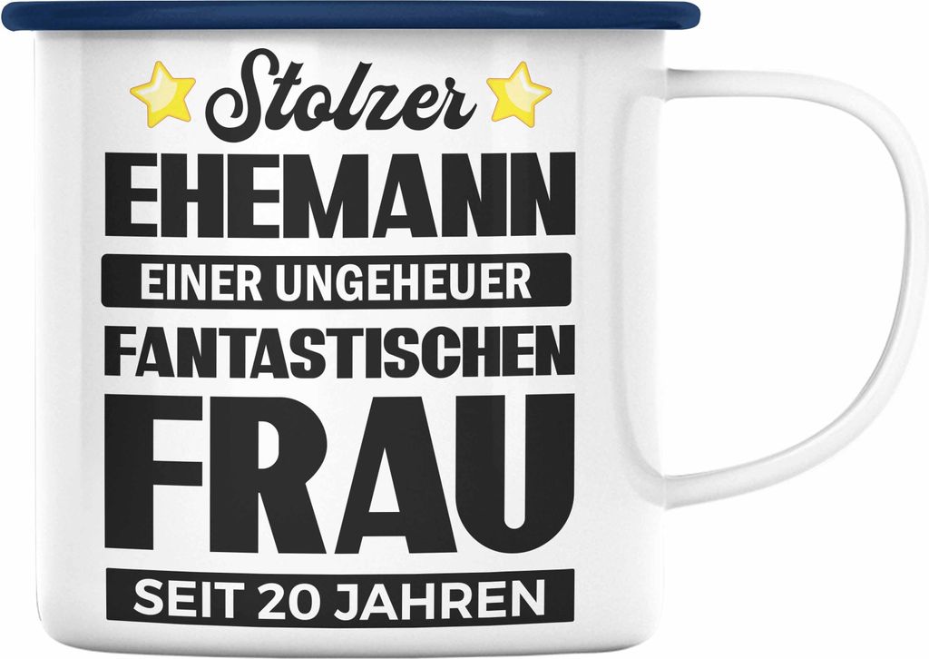 Trendation - Emaille Tasse 20 Jahre Verheiratet Geschenk Ehemann Lustiger Spruch 20. Hochzeitstag (Blau)