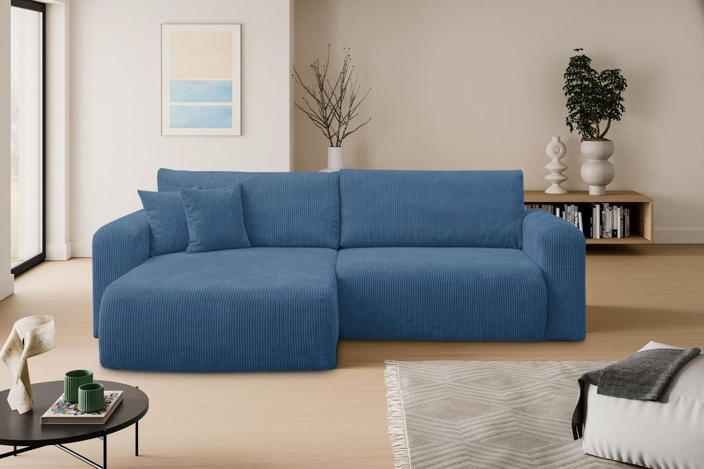 VENASI ROMA Universell Ecksofa mit Schlaffunktion und Bettkasten Cord BLAU Schlafsofa Sofa