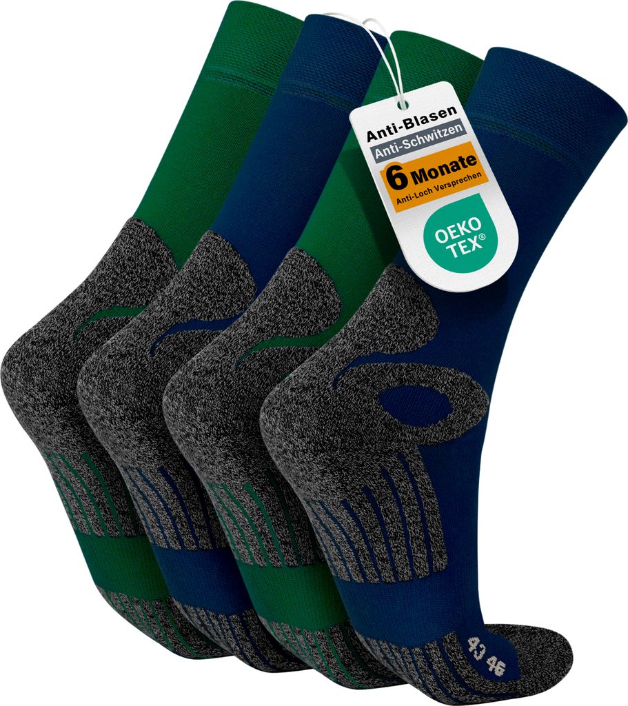 Celodoro 4 Paar Wandersocken, Arbeitssocken & Sportsocken (43-46, blau-grün) - verstärkte Uni Socken für Damen & Herren - atmungsaktive Anti-Sch...