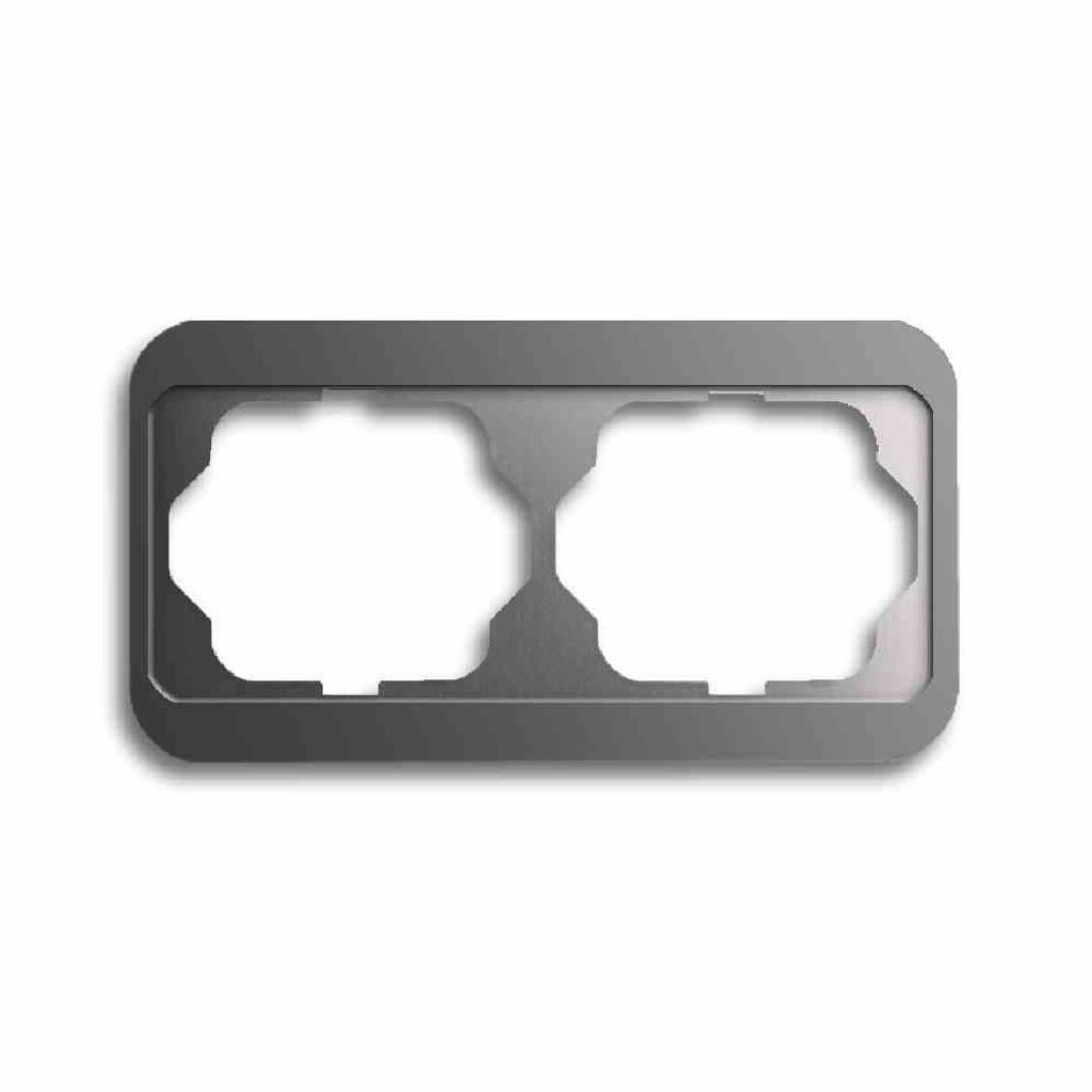 A product shot of a gray, two-gang horizontal switch/socket frame.