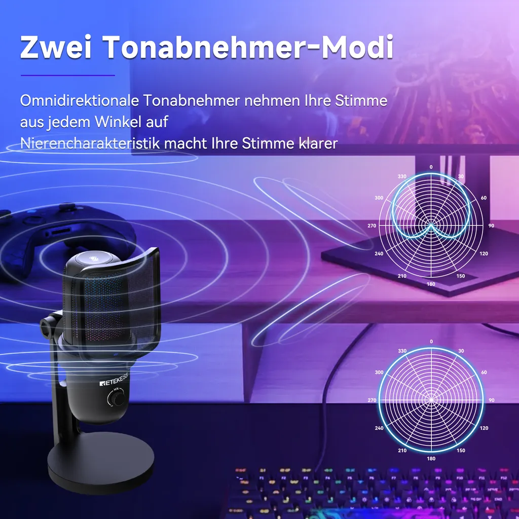 Microphone de streaming Retekess TG201 USB pour podcast et gaming PC - 3
