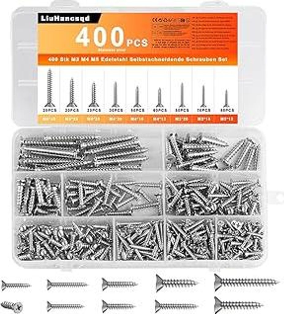 400 Stück Selbstschneidende Schrauben Edelstahl Schrauben Set, Holzschrauben Kreuzschlitz Flachkopfschrauben, Blechschrauben Sortiment Set, Senkko...