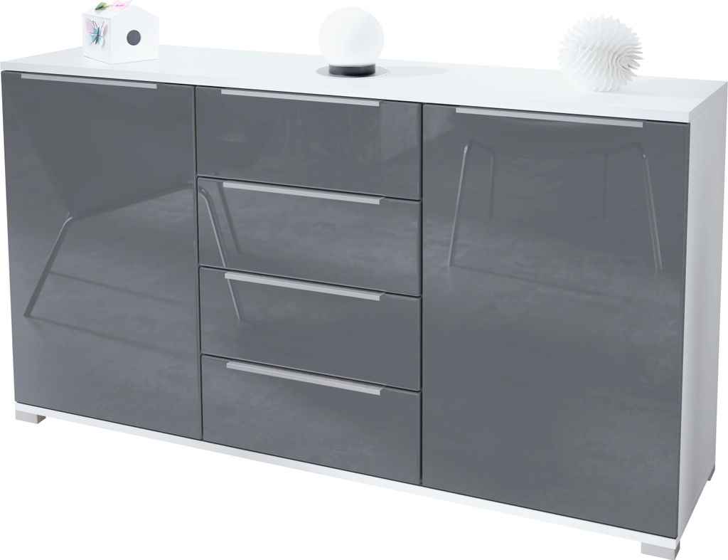 Vladon Sideboard Linio V1, Anrichte mit 2 Türen und 4 Schubladen, Weiß matt / Grau Hochglanz (138,5 x 75,5 x 35 cm)