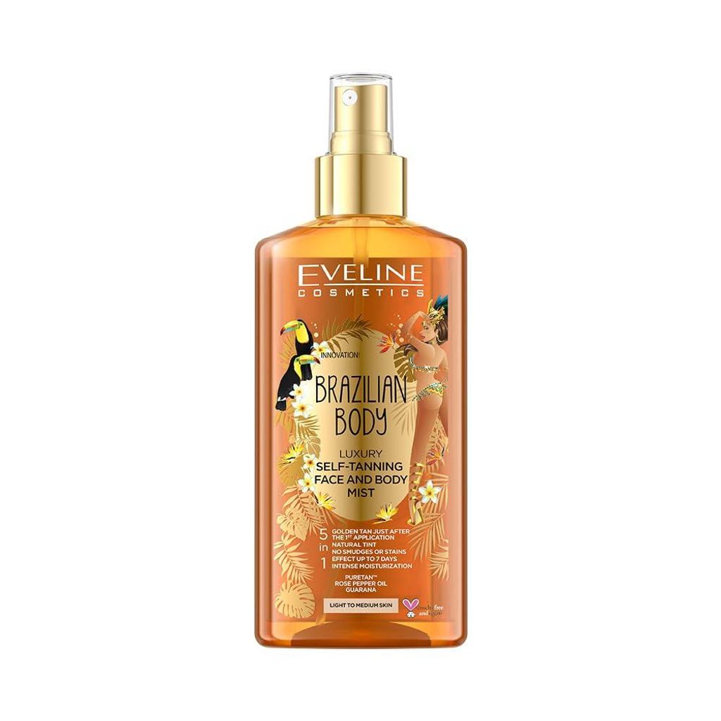 EVELINE COSMETICS Brazilian Body s Selbstbräunungsspray 5in1 für Gesicht & Körper Helle und dunkle Haut Sofortige Wirkung Sieben Tage