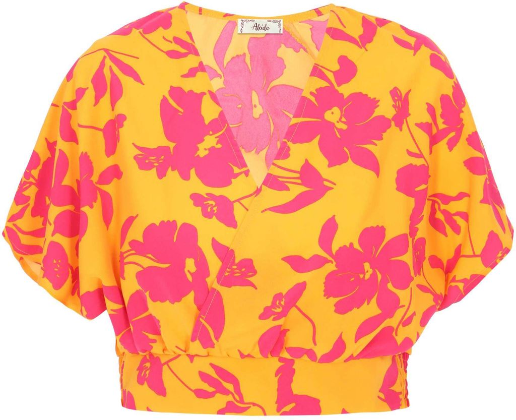 Damen Top gelb L mit V-Ausschnitt, kurzen Ärmeln und floralem Print im Boho-Stil