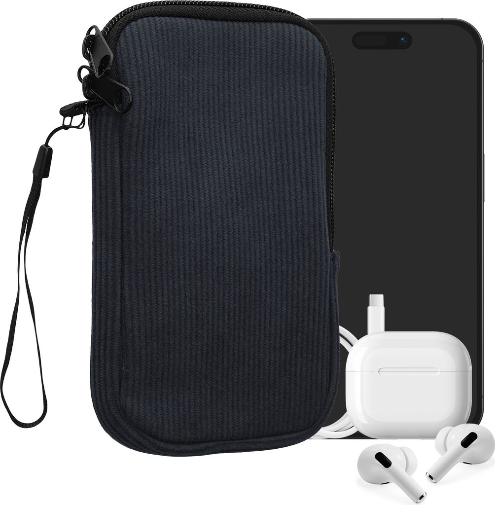 kwmobile Handytasche für L - 6,5" Hülle - Cord und Neopren Tasche mit Handschlaufe - Case 16,5 x 8,9 cm Innenmaße - Handyhülle in Marineblau