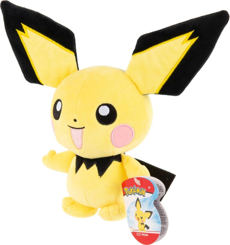 A plush toy of the Pokemon character Pichu is shown against a white background.