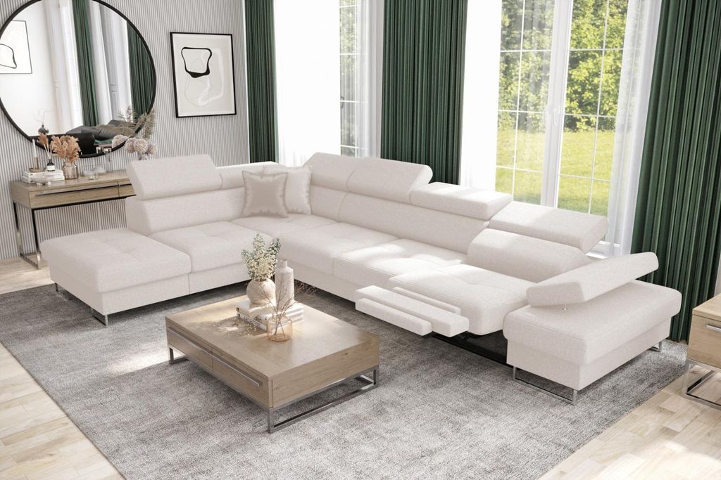Ecksofa GALAXY RELAX mit Schlaffunktion, Bettkasten, 225×350 cm, Relaxfunktion, verstellbaren Kopfstützen & Armlehne - Stoff Gemma 01, Creme - Links