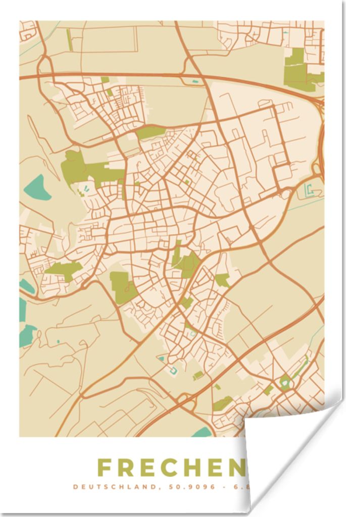 MuchoWow Poster Frechen - Karte - Jahrgang - Stadtplan - Wegbeschreibung 20x30 cm - Papierdruck