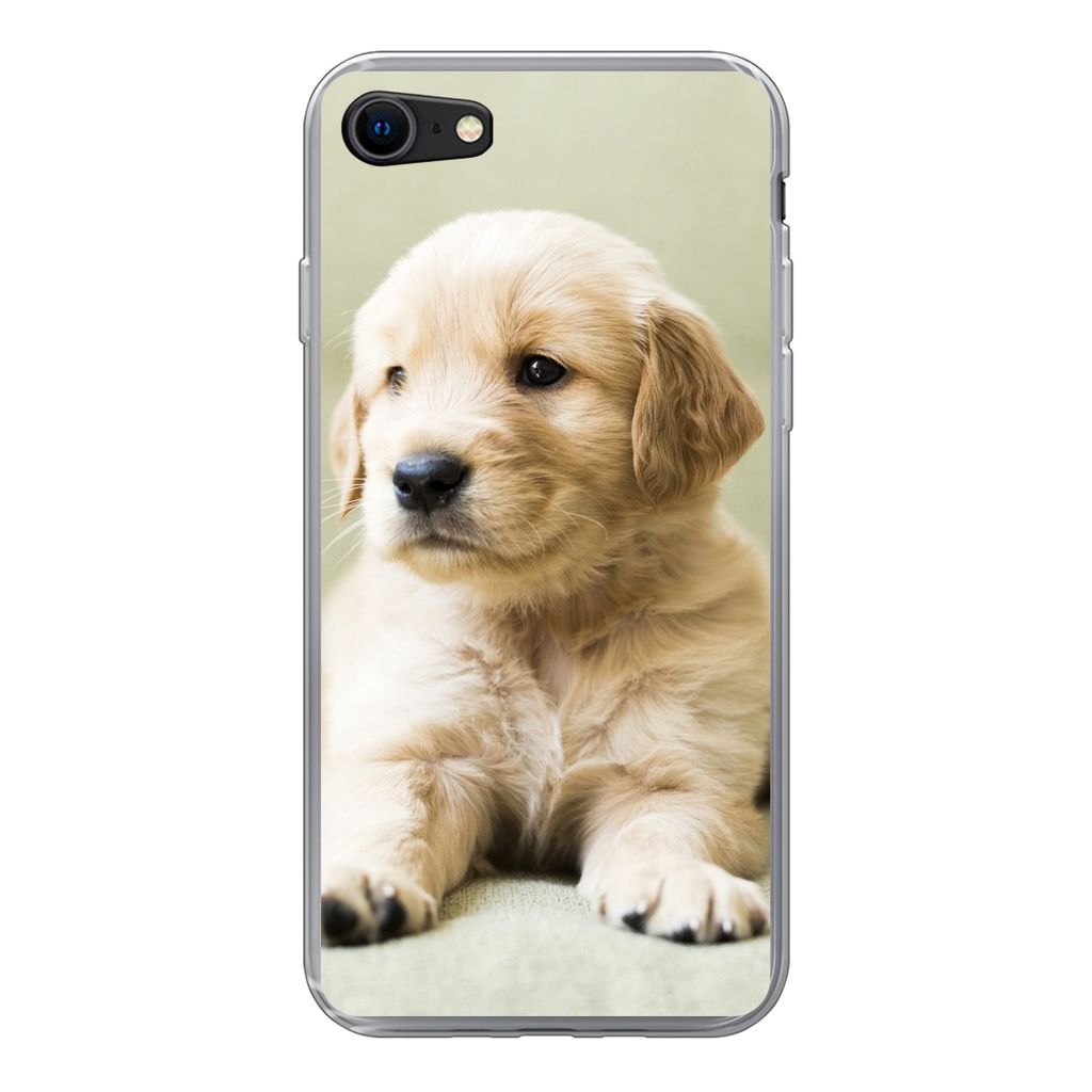 MuchoWow Handyhülle Schutzhülle Hülle für iPhone SE 2020 Golden Retriever Welpe auf dem Sofa liegend Silikon Softcase Handy Hülle - Kartenbe...