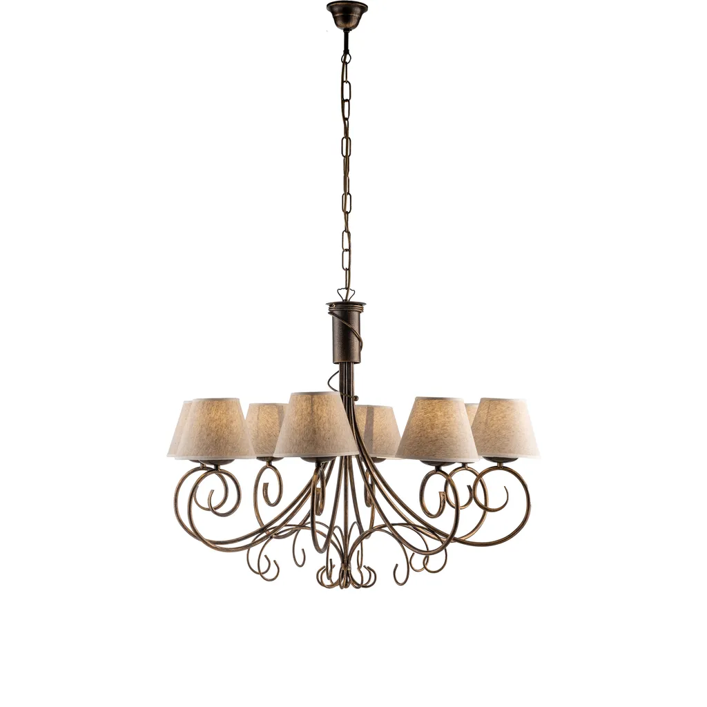 Lustre rustique 8 lumières D78 cm en fer forgé marron et abat-jour en jute