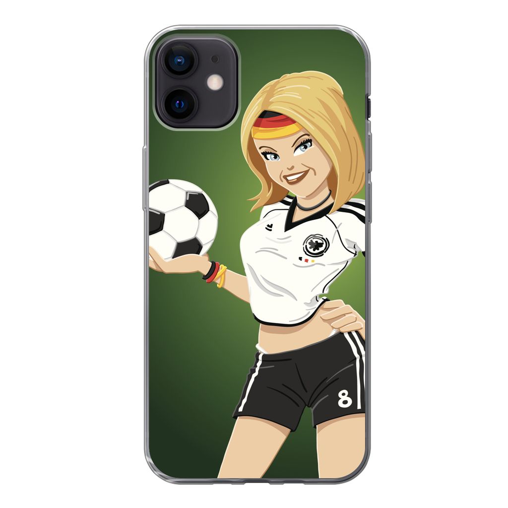MuchoWow Handyhülle Schutzhülle Hülle für iPhone 12 mini Illustration eines Mädchens mit deutscher Kleidung und einem Fußball - Mädchen - ...