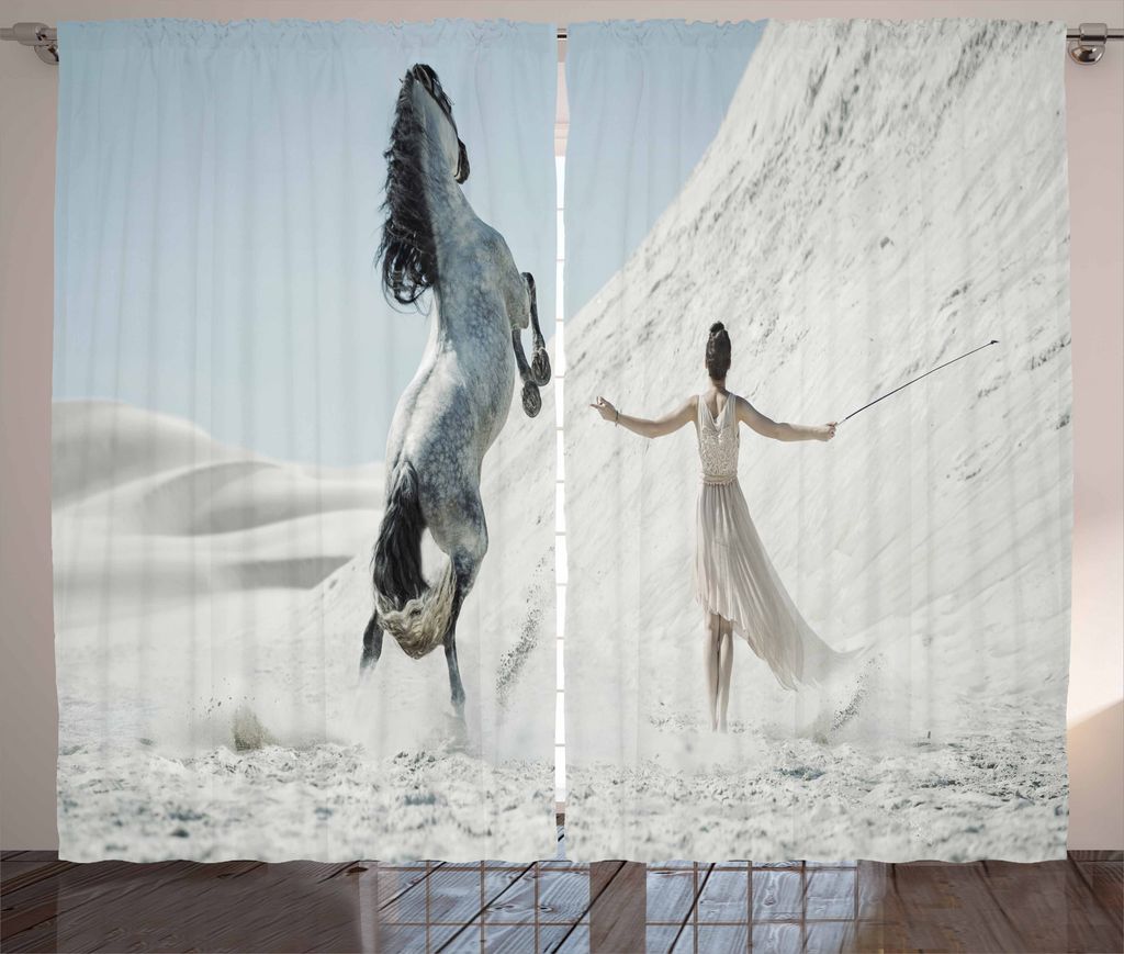 ABAKUHAUS Pferd Rustikaler Vorhang, Dame mit weißem Pferd, Wohnzimmer Universalband Gardinen mit Schlaufen und Haken, 280 x 225 cm, Blaugrau Weiß
