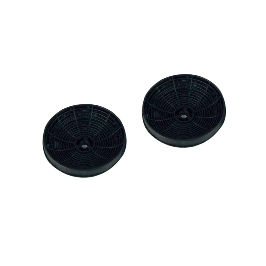 Two black circular charcoal filters for a kitchen hood.