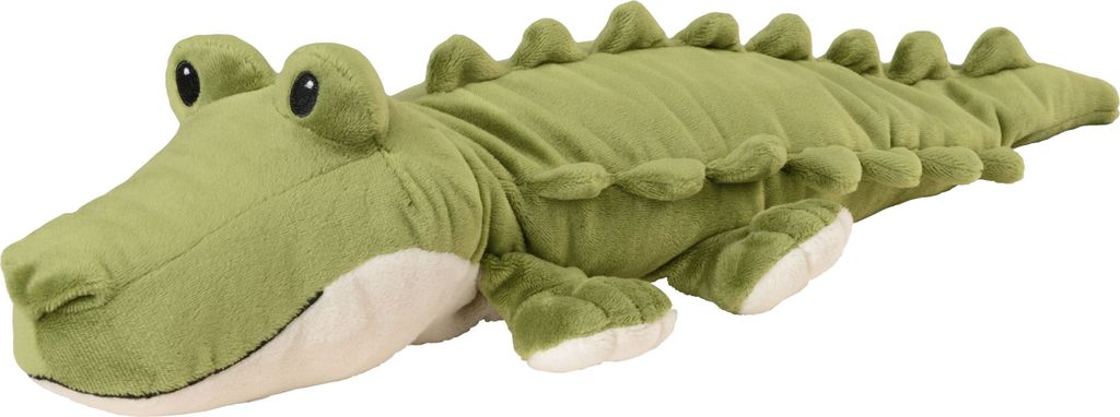A plush toy crocodile is lying on a white background.