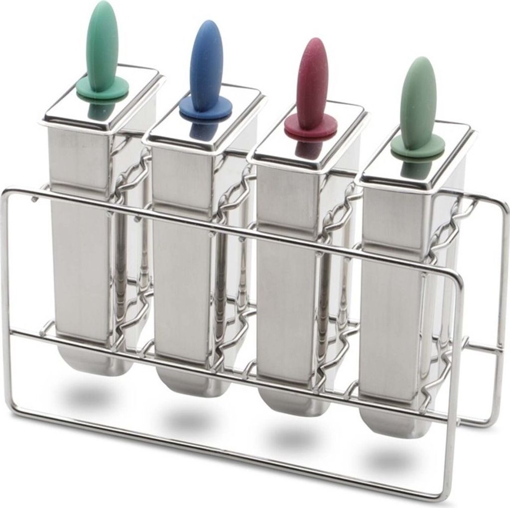 A set of four stainless steel popsicle molds with colored handles in a metal stand.