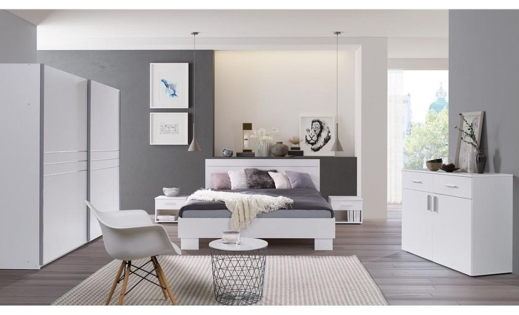 Ensemble lit COMO 160x200 avec sommier et chevets – Blanc – Image du produit 