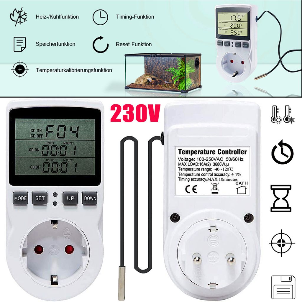 230V Temperaturregler Steckdose mit Fühler Digital Thermostat Steckdose Timer 