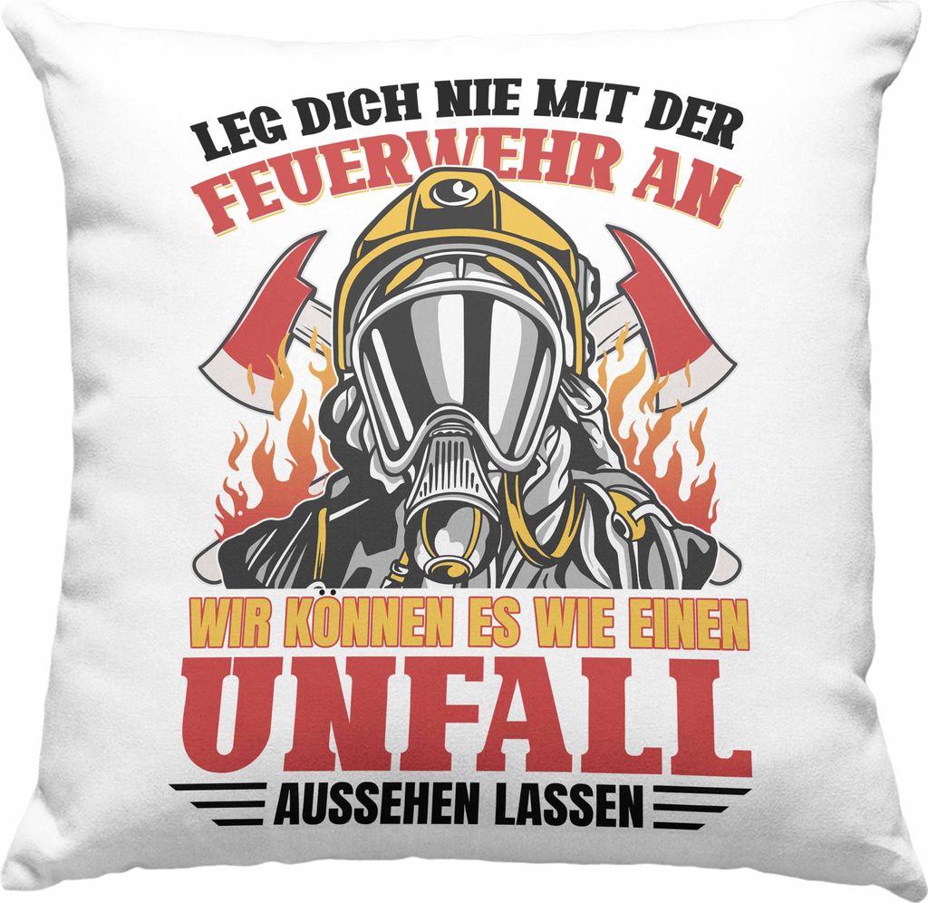 Trendation - Feuerwehr Deko-Kissen mit Füllung 40x40 Geschenke Zubehör Lustig Einsatz Geburtstag Spruch Leg Dich Nie Mit Der Feuerwehr An (Grün)