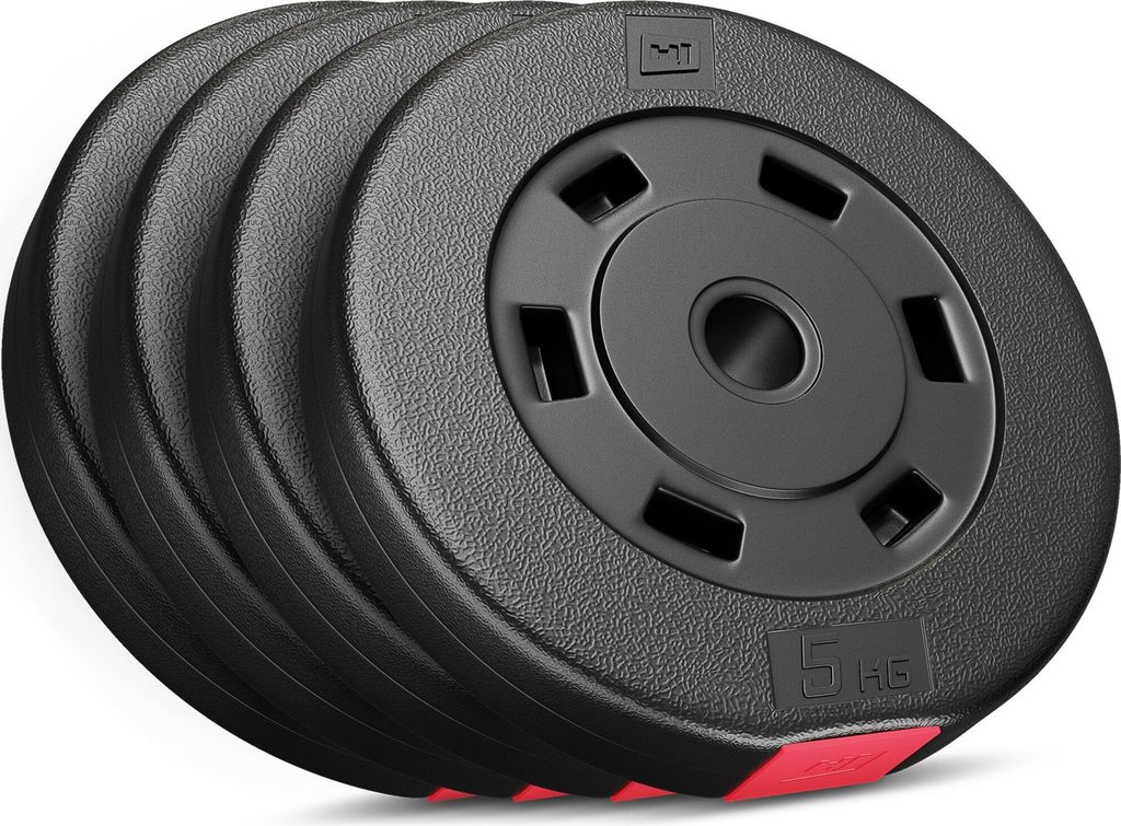 A stack of black weight plates with gray centers and red accents on a white background.