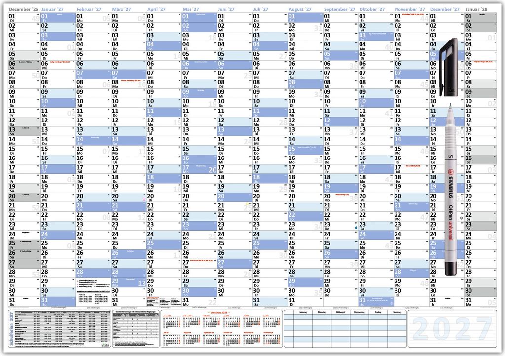 XXL Wandkalender DIN B1 2027 blau, nass abwischbar + Folienstift schwarz Format 100 x 70cm Jahresplaner Wandplaner gerollt Neutraler Kalender Feier...