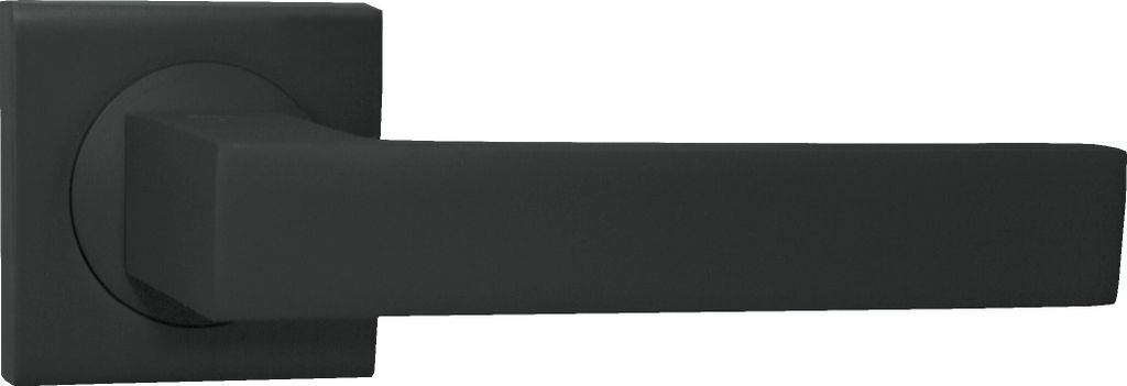 A black door handle with a square base and a rectangular handle.