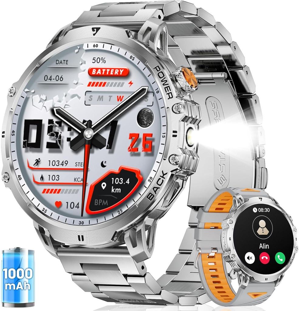 Herren Militär-Smartwatch mit 1.85" HD Display, 1000mAh, Bluetooth-Anruf, 120 Sportmodi, IP68 wasserdicht, LED-Licht, kompatibel mit Android iOS